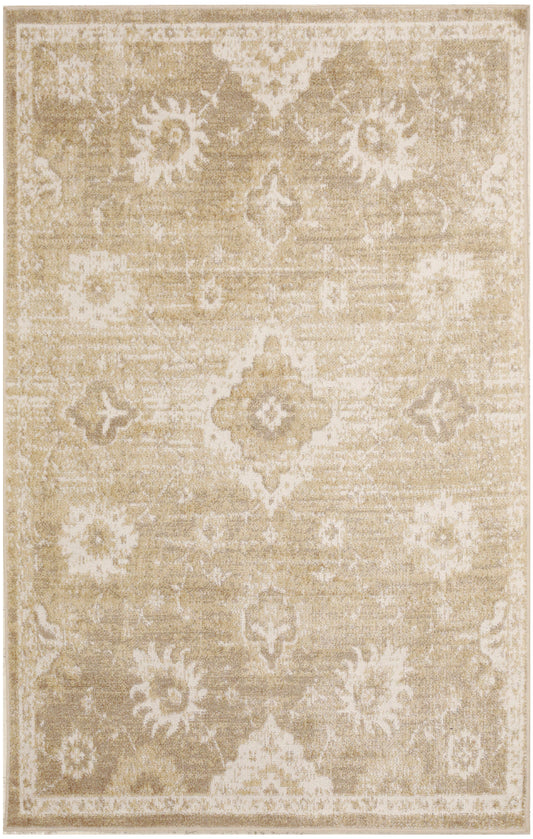 Beige distressed oriental rug with cream floral medallions, rectangular shape, soft pile for neutral living room decor.