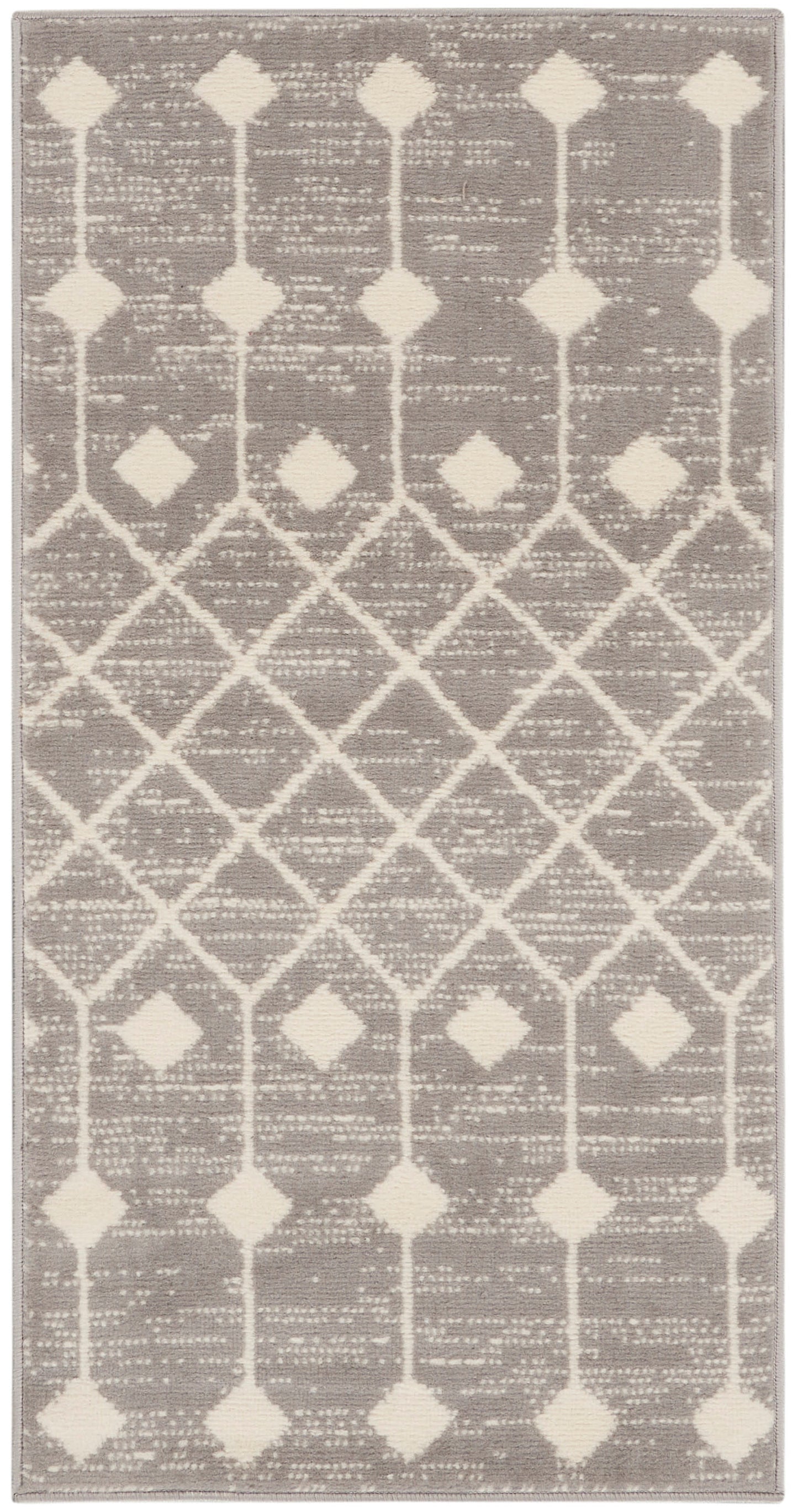 Taupe rug with ivory diamond lattice pattern; distressed texture, rectangular area rug for modern living spaces.