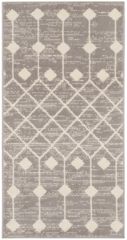 Taupe rug with ivory diamond lattice pattern; distressed texture, rectangular area rug for modern living spaces.