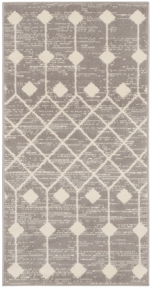Taupe rug with ivory diamond lattice pattern; distressed texture, rectangular area rug for modern living spaces.