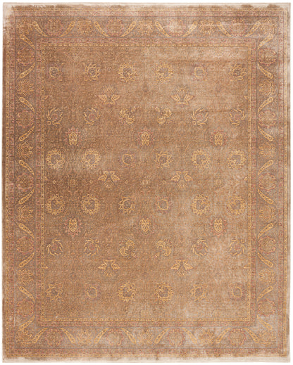 Distressed brown Persian-style rug with gold floral motifs and ornate border; rectangular, warm antique tones.