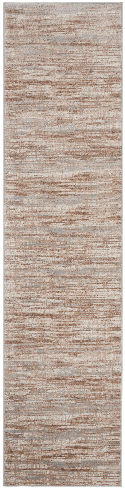 Neutral beige-tan runner rug with subtle textured stripes; soft woven look for hallways or stairs.