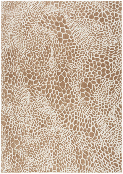 Beige area rug with tan irregular scale pattern resembling snakeskin in a modern organic design.