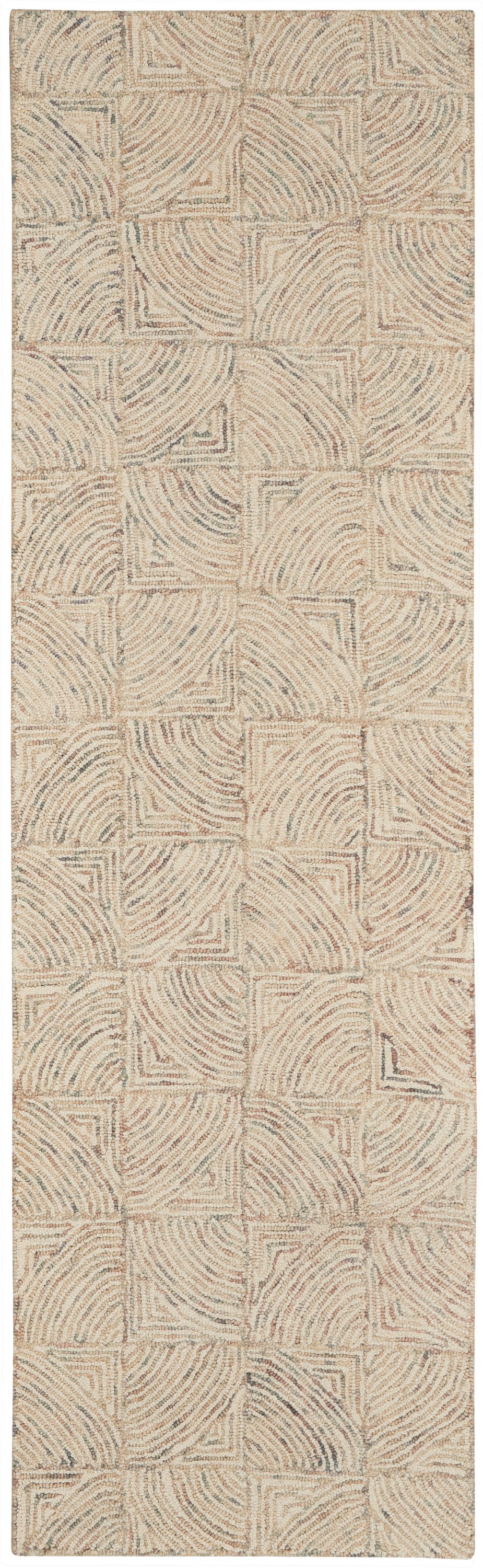 Beige woven rug runner with patchwork squares and swirling line patterns; neutral hallway decor.