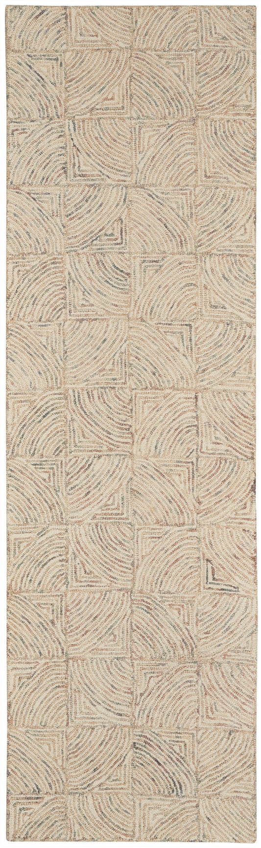 Beige woven rug runner with patchwork squares and swirling line patterns; neutral hallway decor.