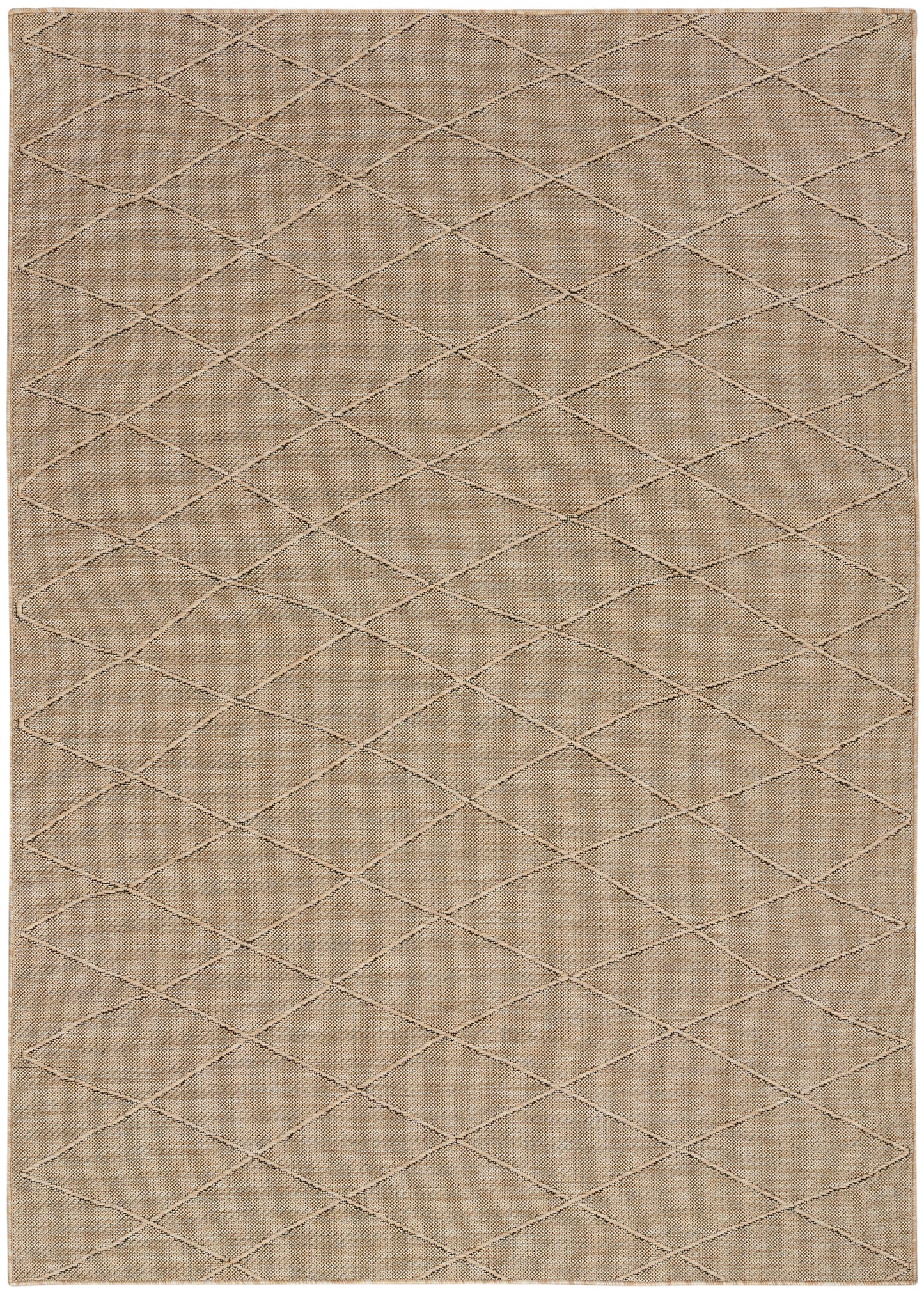 Rectangular beige woven rug with light taupe diamond lattice stitching across the surface.