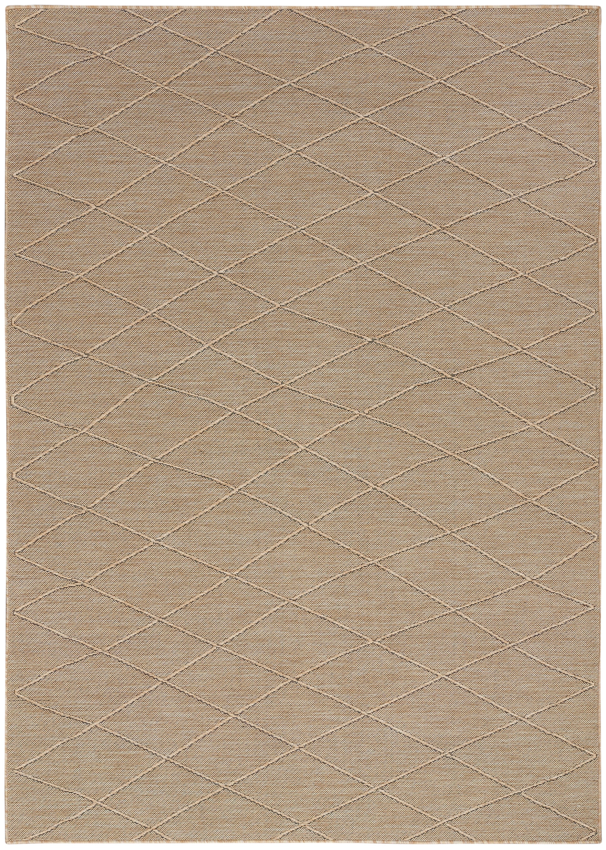 Rectangular beige woven rug with light taupe diamond lattice stitching across the surface.