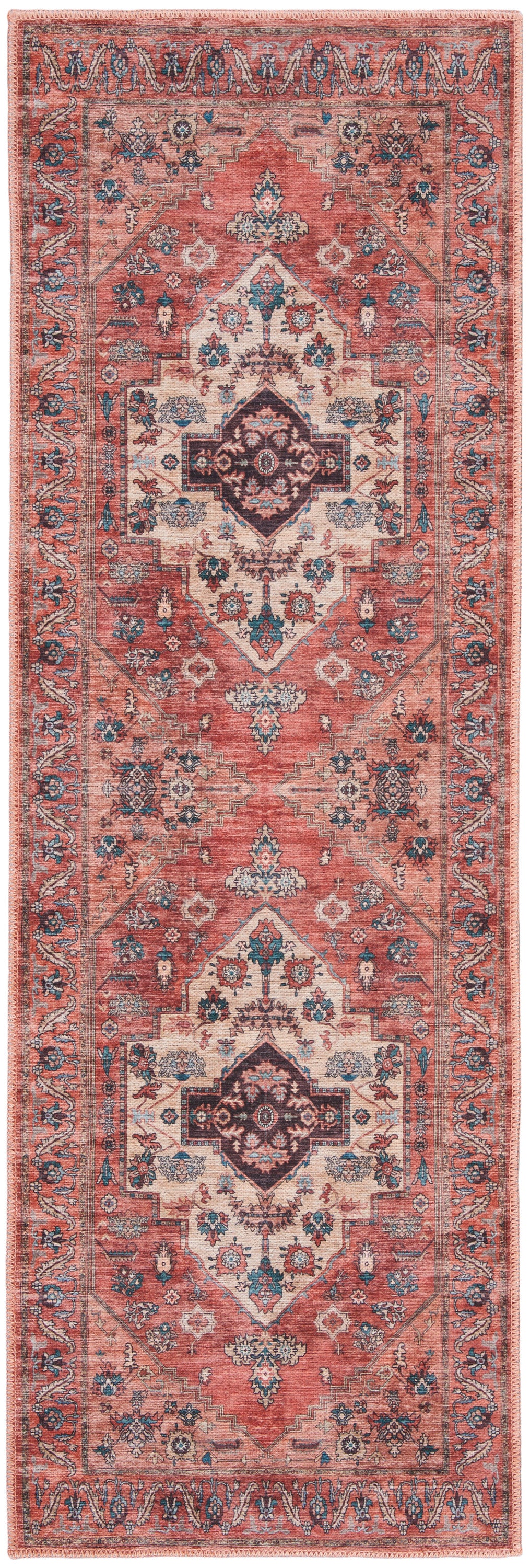 Persian-style red runner rug with ivory central medallions, teal and navy floral accents, decorative borders.