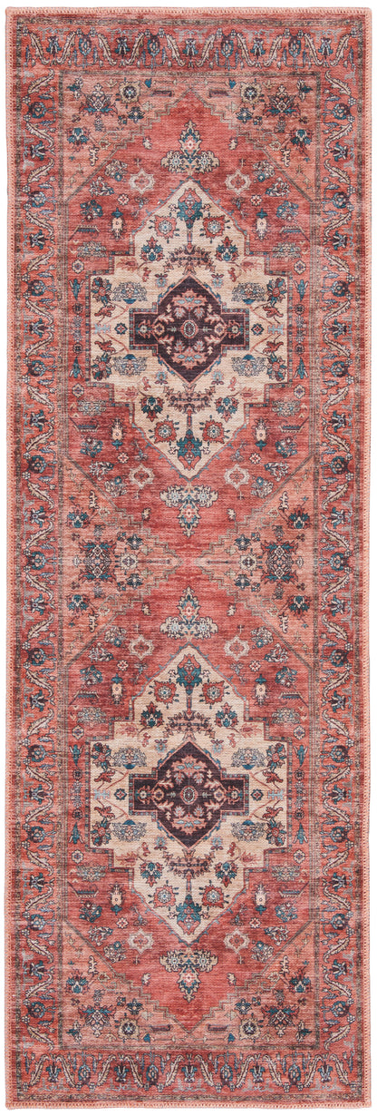Persian-style red runner rug with ivory central medallions, teal and navy floral accents, decorative borders.