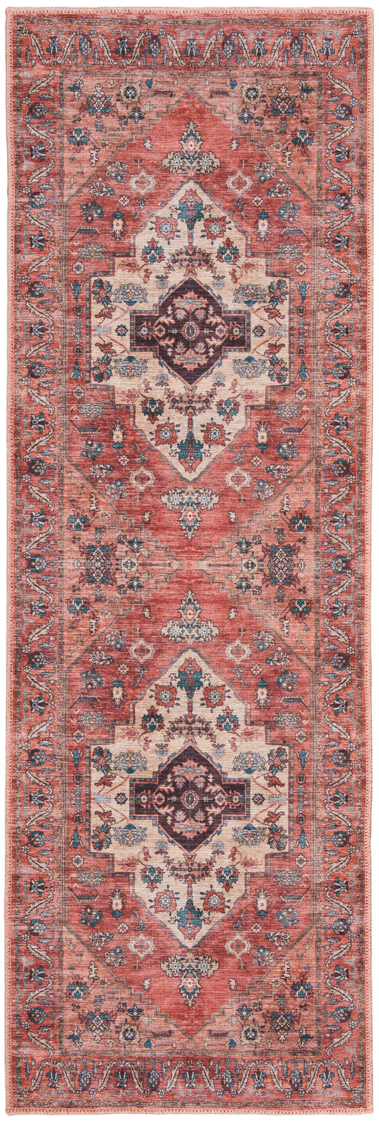 Persian-style red runner rug with ivory central medallions, teal and navy floral accents, decorative borders.
