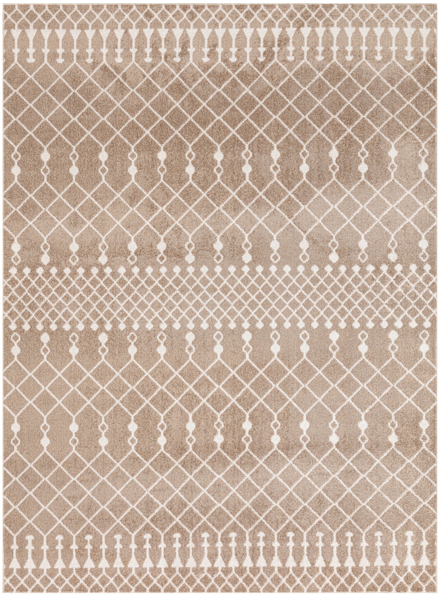 Beige woven textile with white diamond lattice and vertical bead motifs; decorative geometric pattern for home decor.