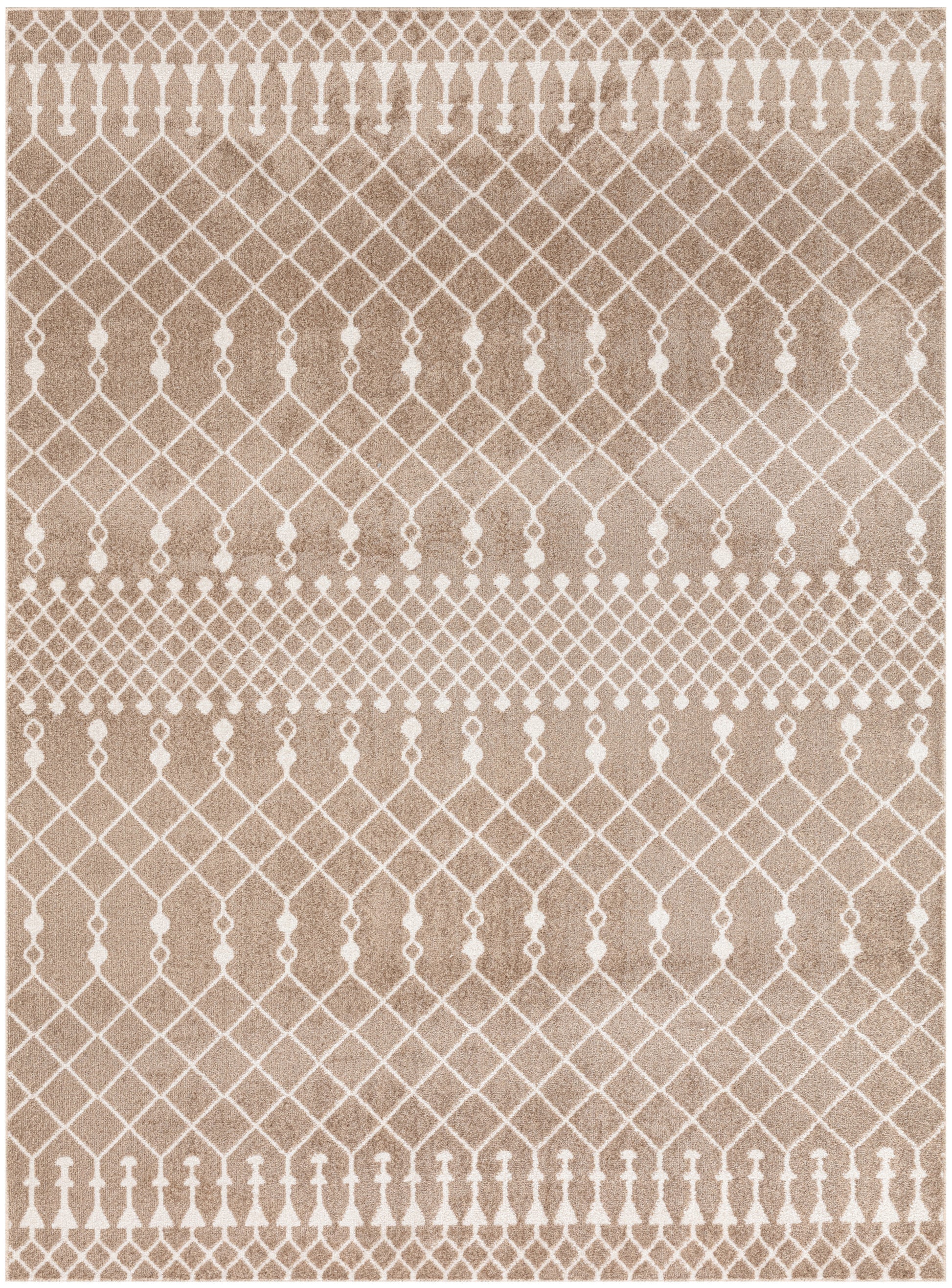 Beige woven textile with white diamond lattice and vertical bead motifs; decorative geometric pattern for home decor.