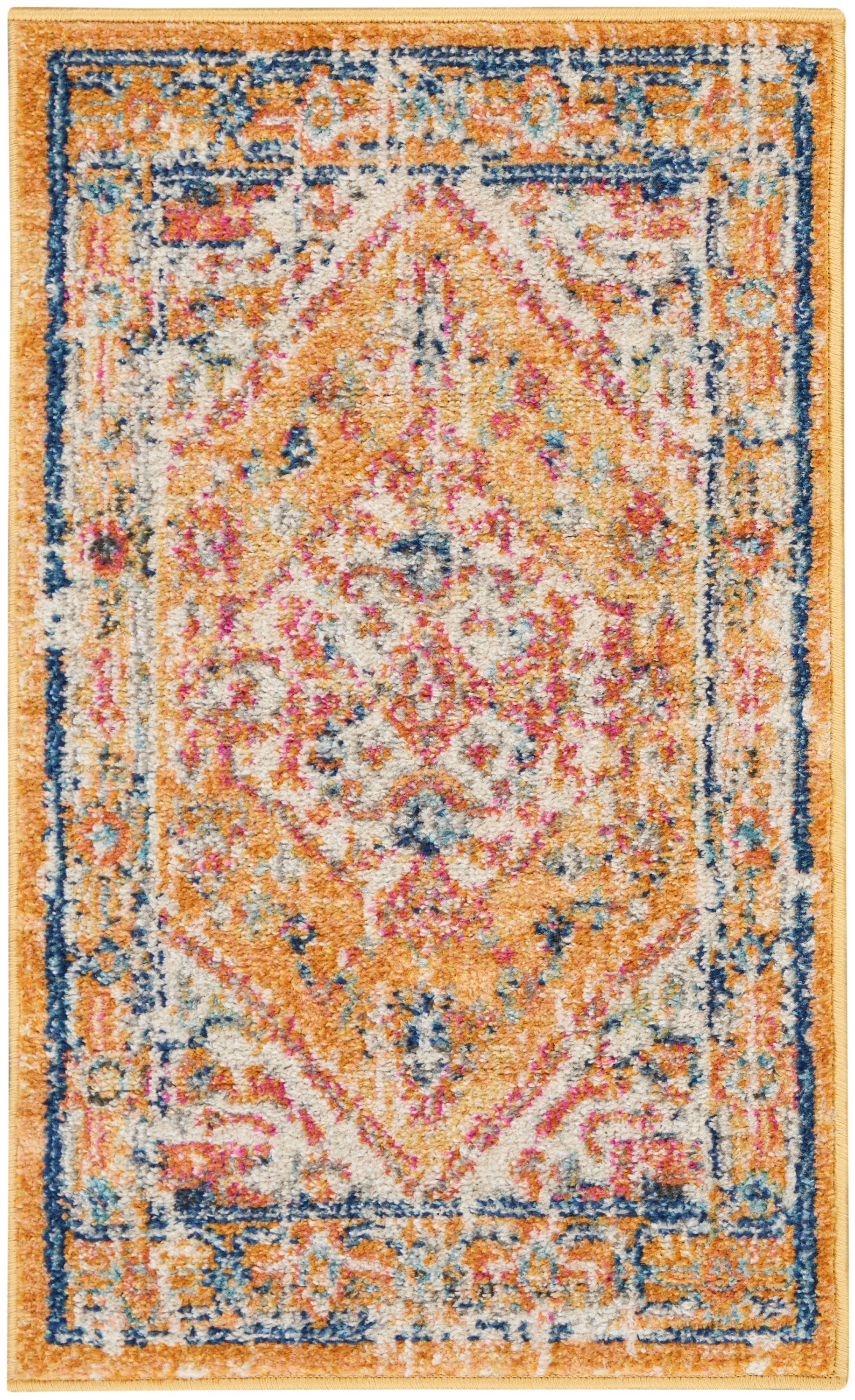 Vibrant oriental rug with warm orange center, cream field, blue borders, and pink floral accents.