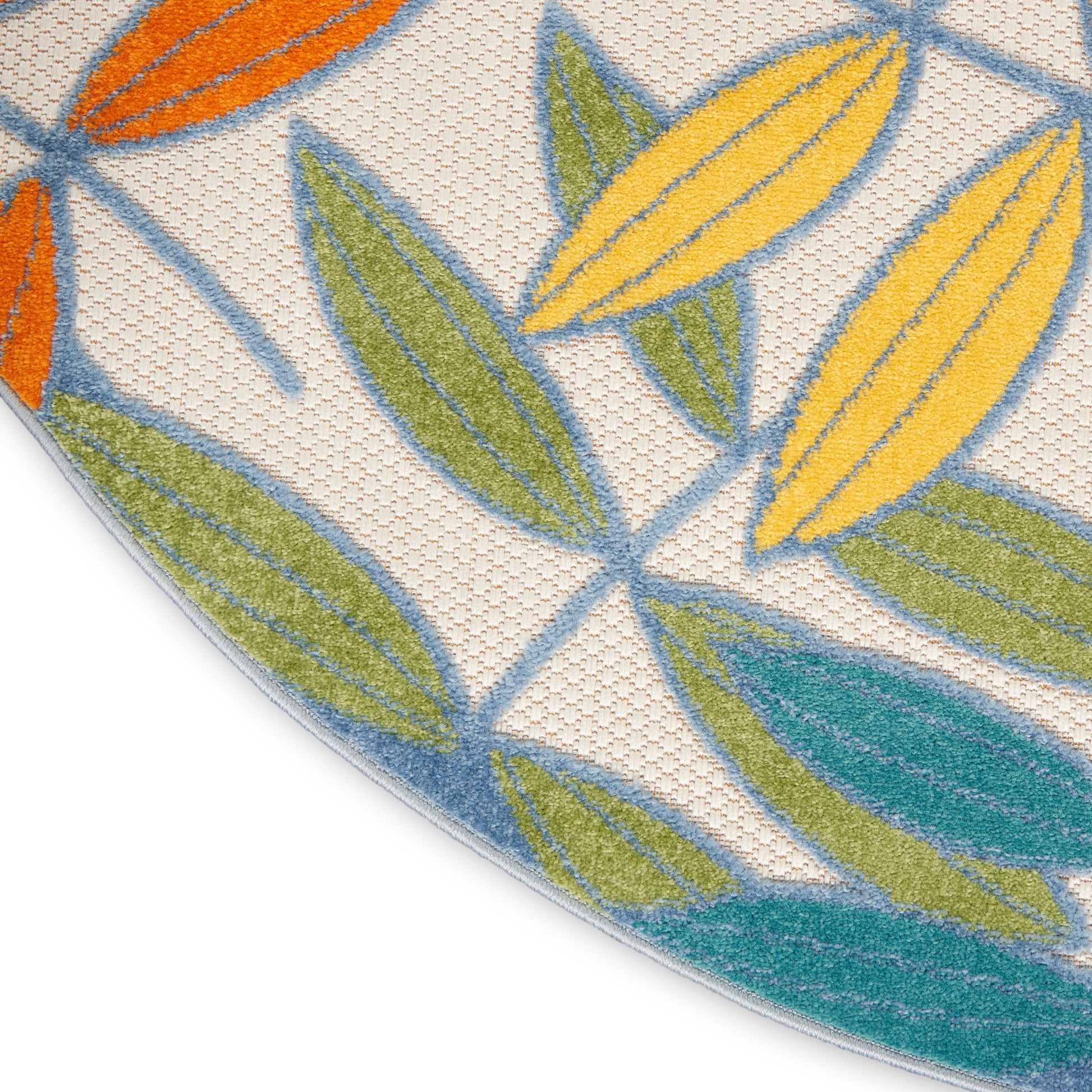 8' round tropical woven rug with botanical leaf pattern in yellow, green, teal & orange on beige background.