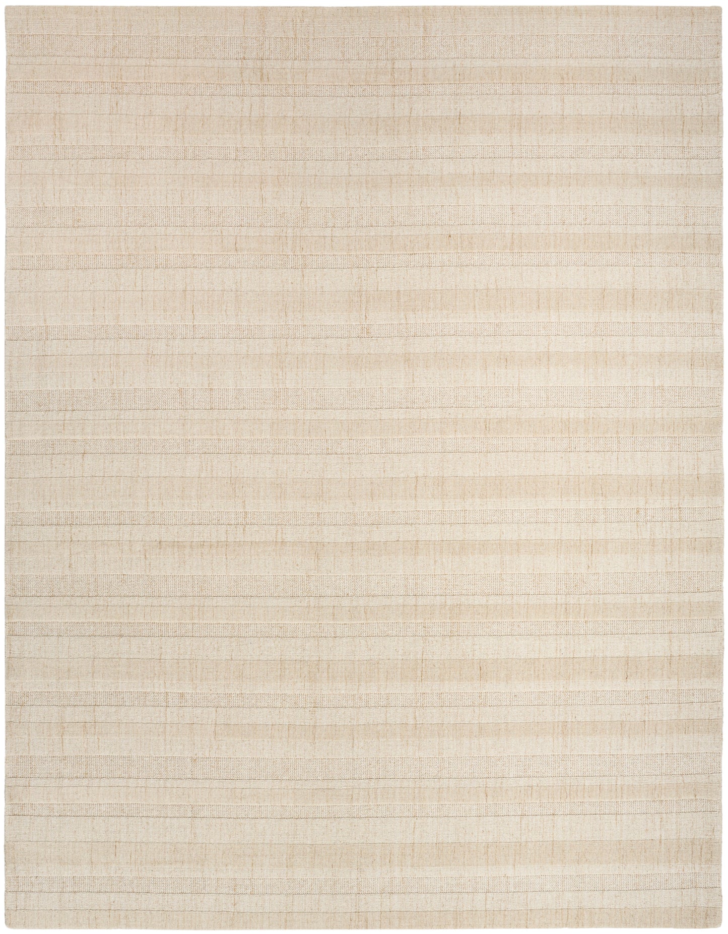 Beige woven rug with natural fiber texture and subtle horizontal stripes.