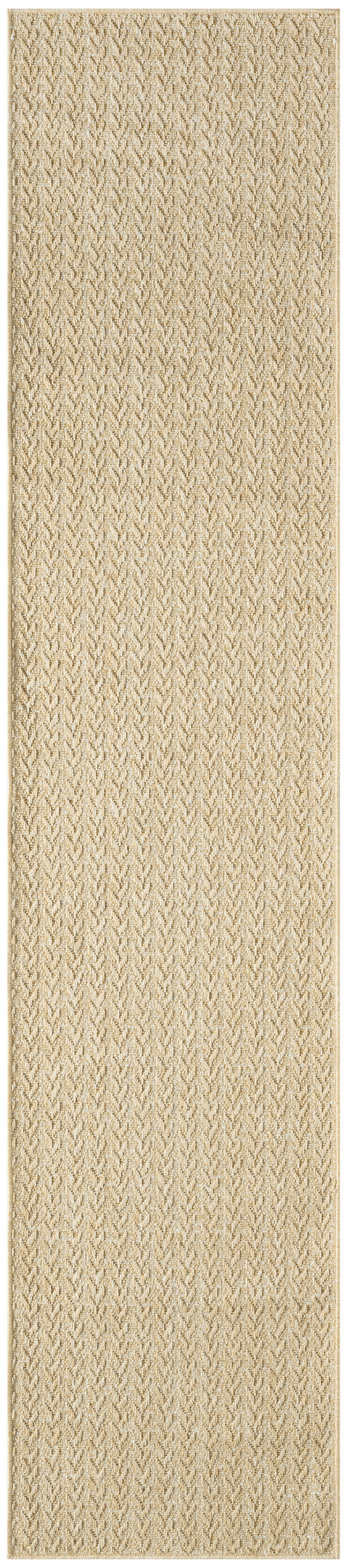 Outdoor 10' natural beige woven runner rug with subtle herringbone texture and jute-style fibers.