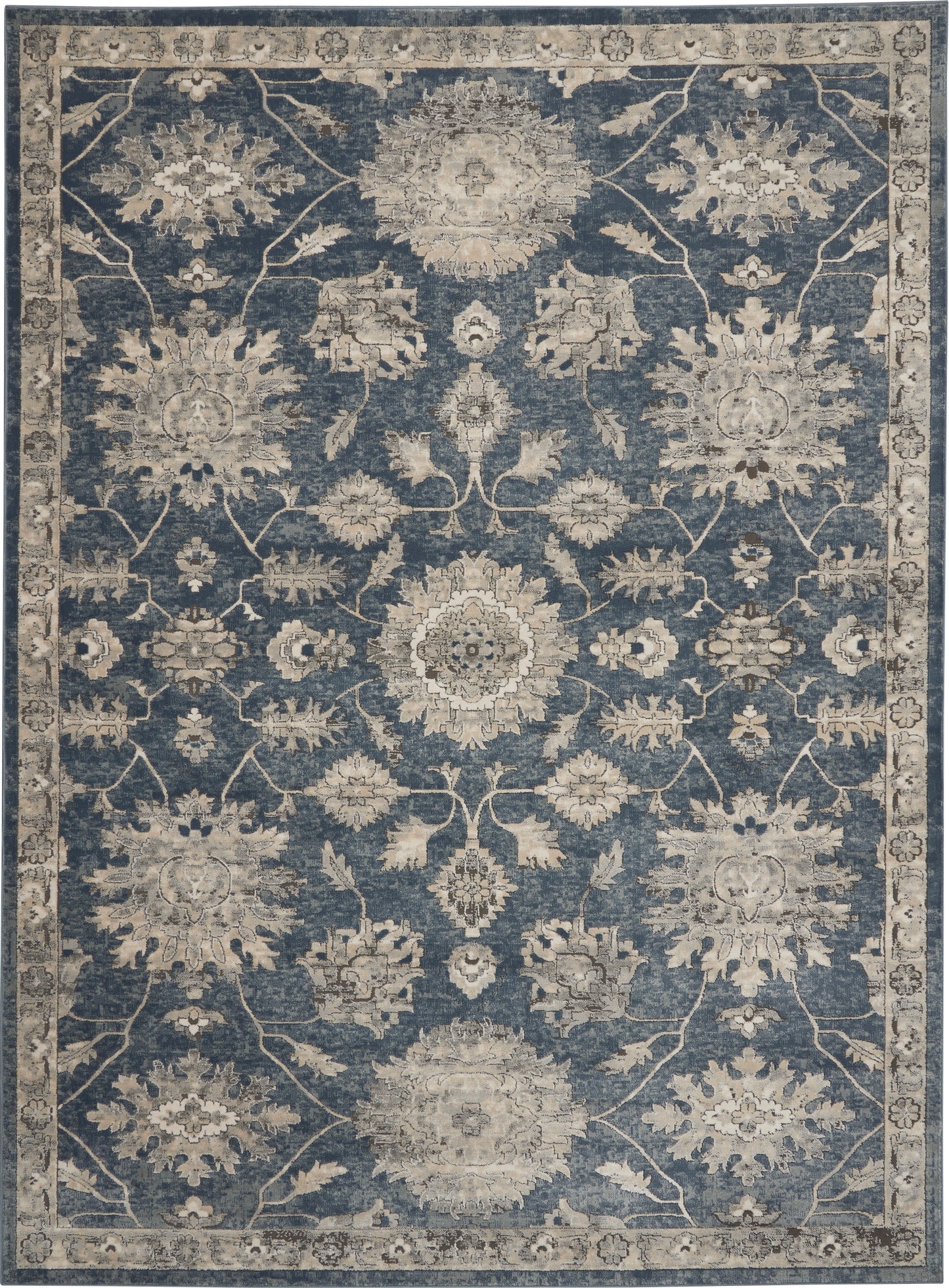 Blue-gray vintage-style rug with cream floral medallions and ornate border; Persian/Oriental design.