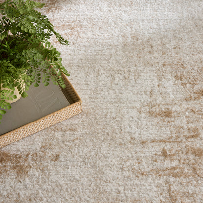 Green fern in a beige pot on a woven wicker tray with a book, resting on a textured beige rug.