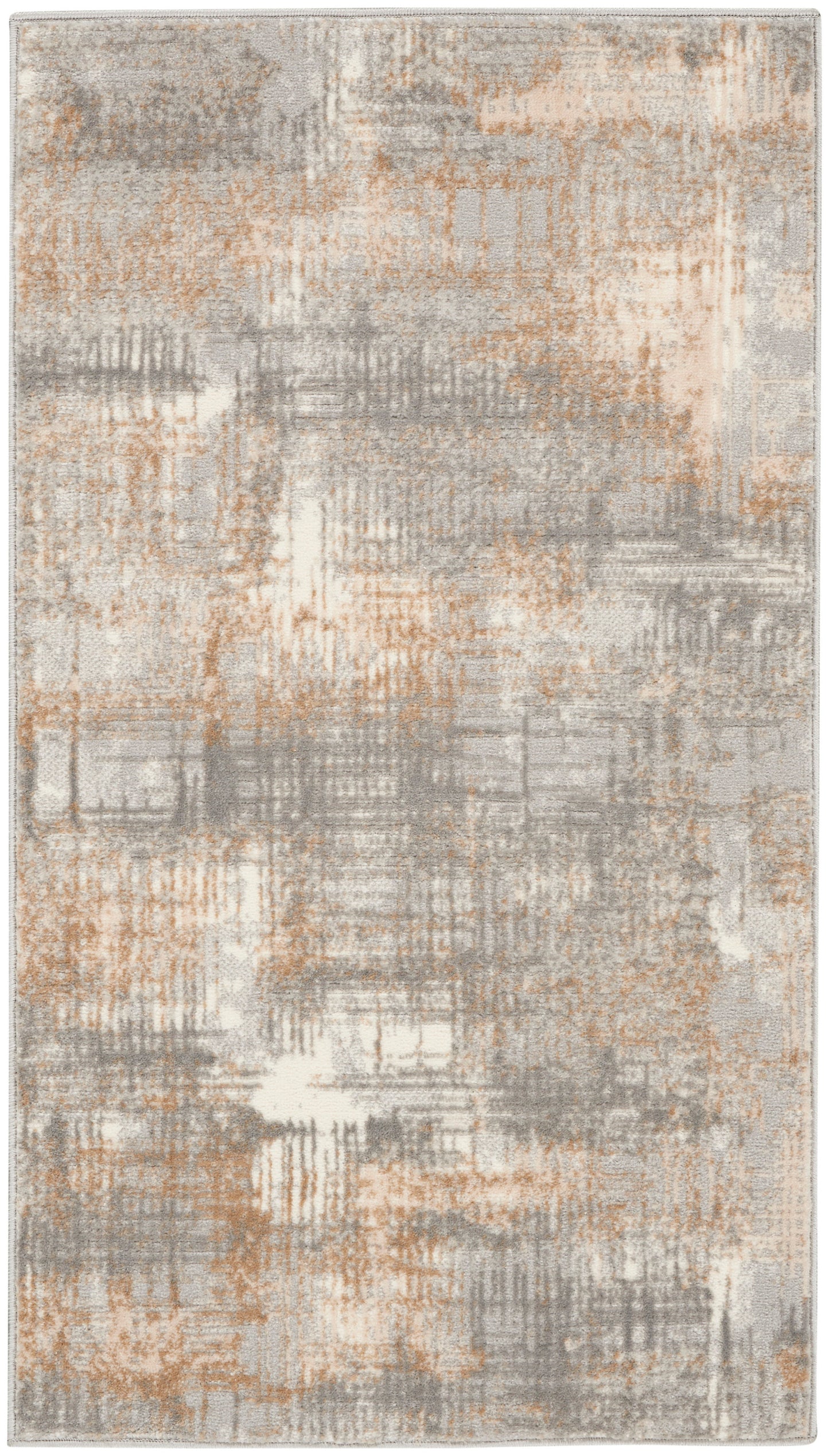 Abstract patchwork area rug in gray, beige and peach tones; rectangular, soft, modern muted styling.
