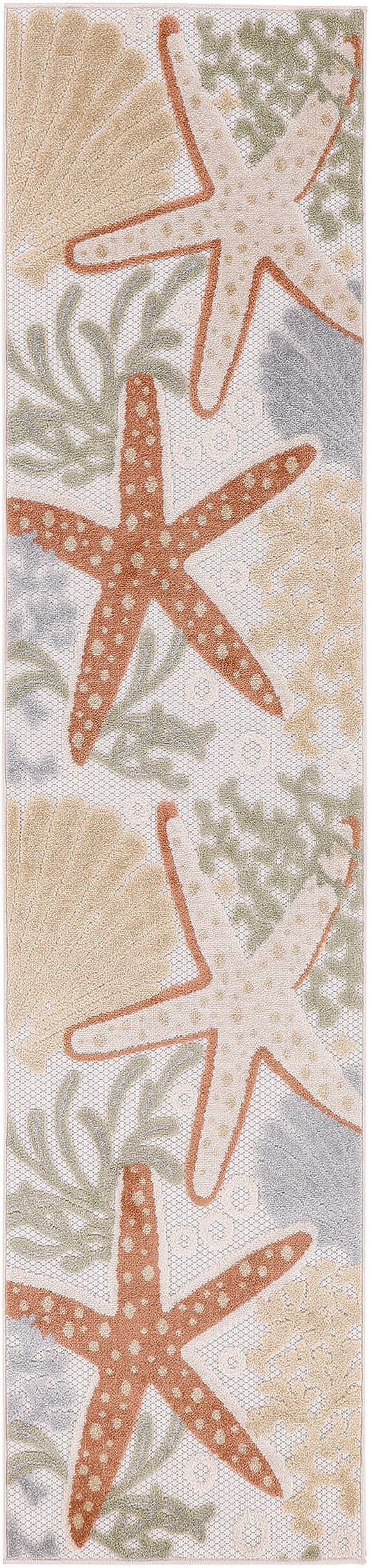 Coastal bath mat featuring orange dotted starfish, beige seashells and green seaweed on a pale blue background.