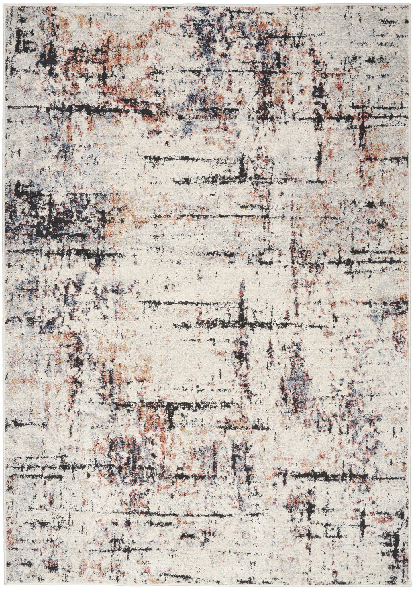 Cream abstract distressed area rug with black, gray and rust blotches in a modern painterly pattern.