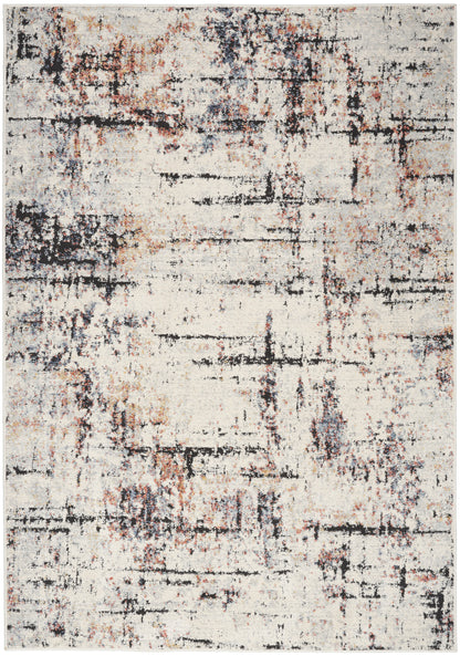 Cream abstract distressed area rug with black, gray and rust blotches in a modern painterly pattern.