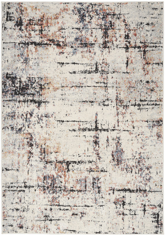 Cream abstract distressed area rug with black, gray and rust blotches in a modern painterly pattern.