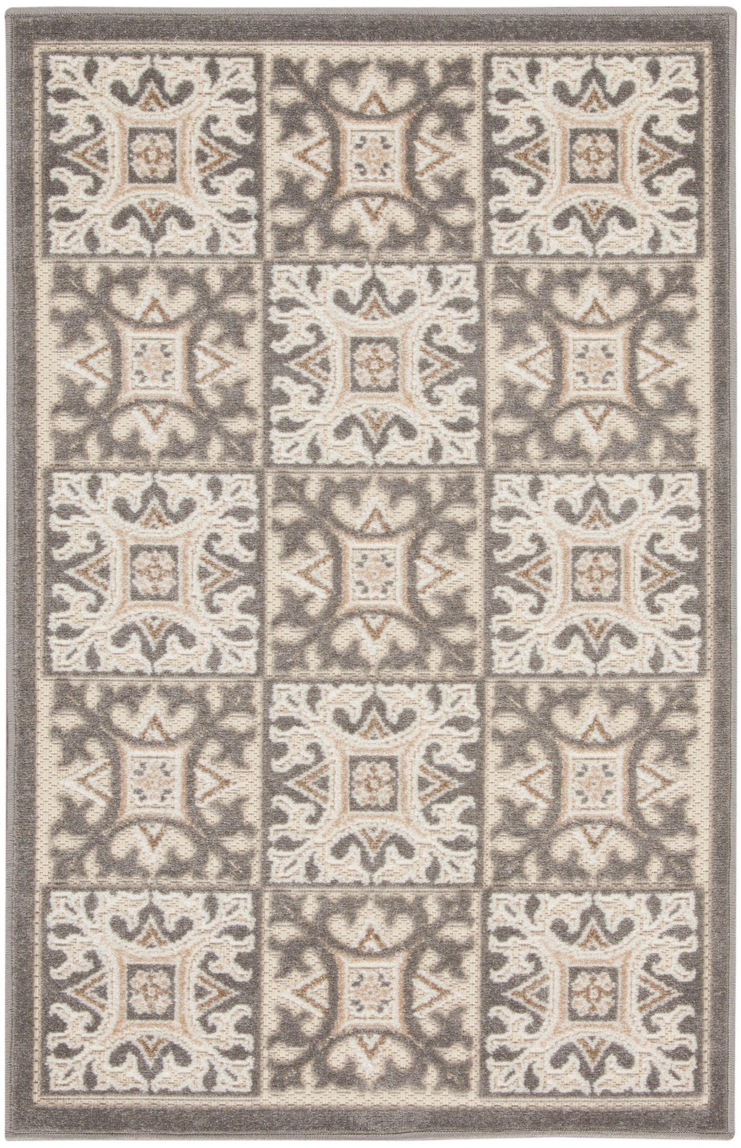 Rectangular neutral-toned area rug with cream and taupe tiled square motifs, ornate scrollwork, plush textured weave.