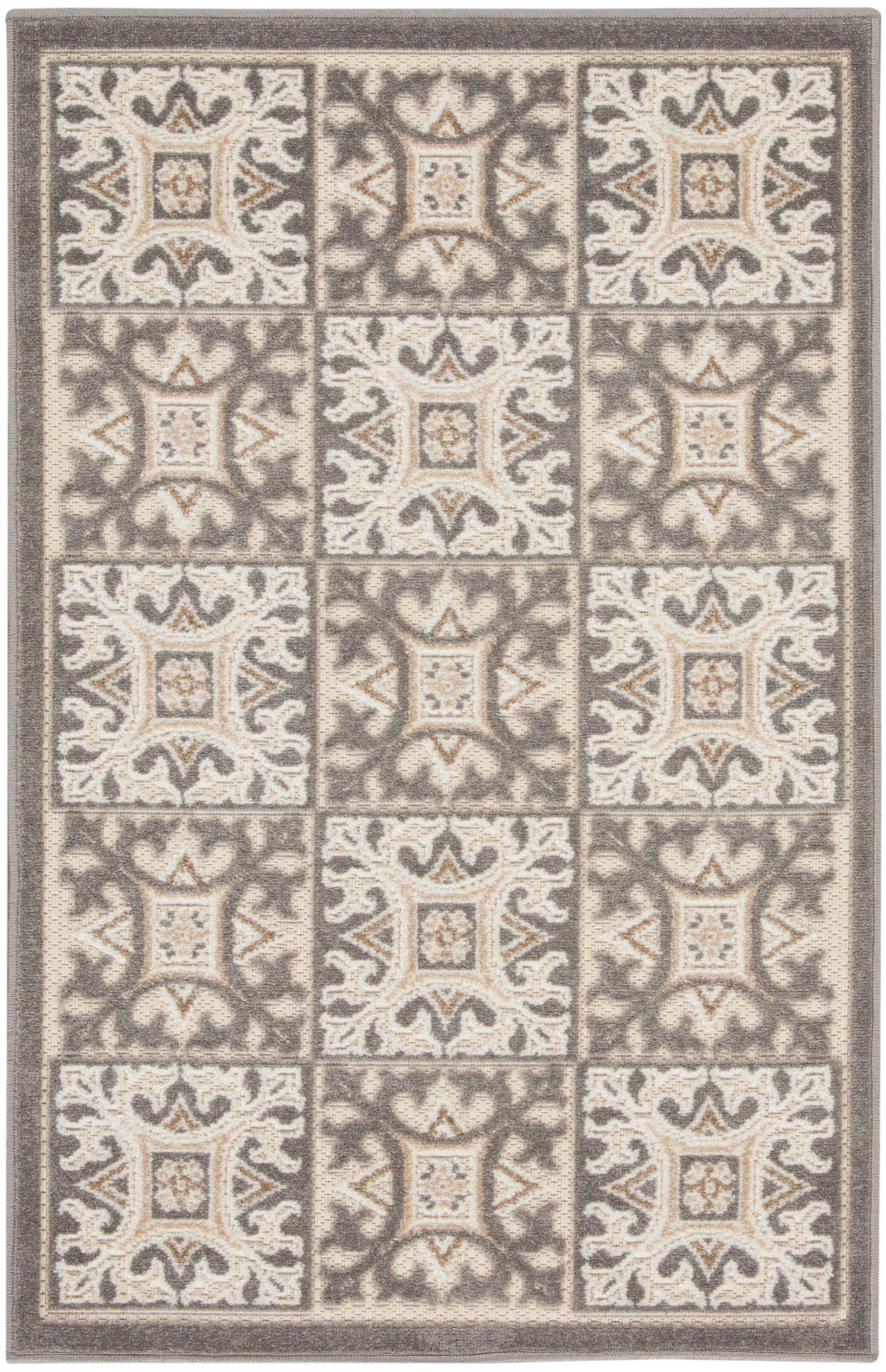 Rectangular neutral-toned area rug with cream and taupe tiled square motifs, ornate scrollwork, plush textured weave.