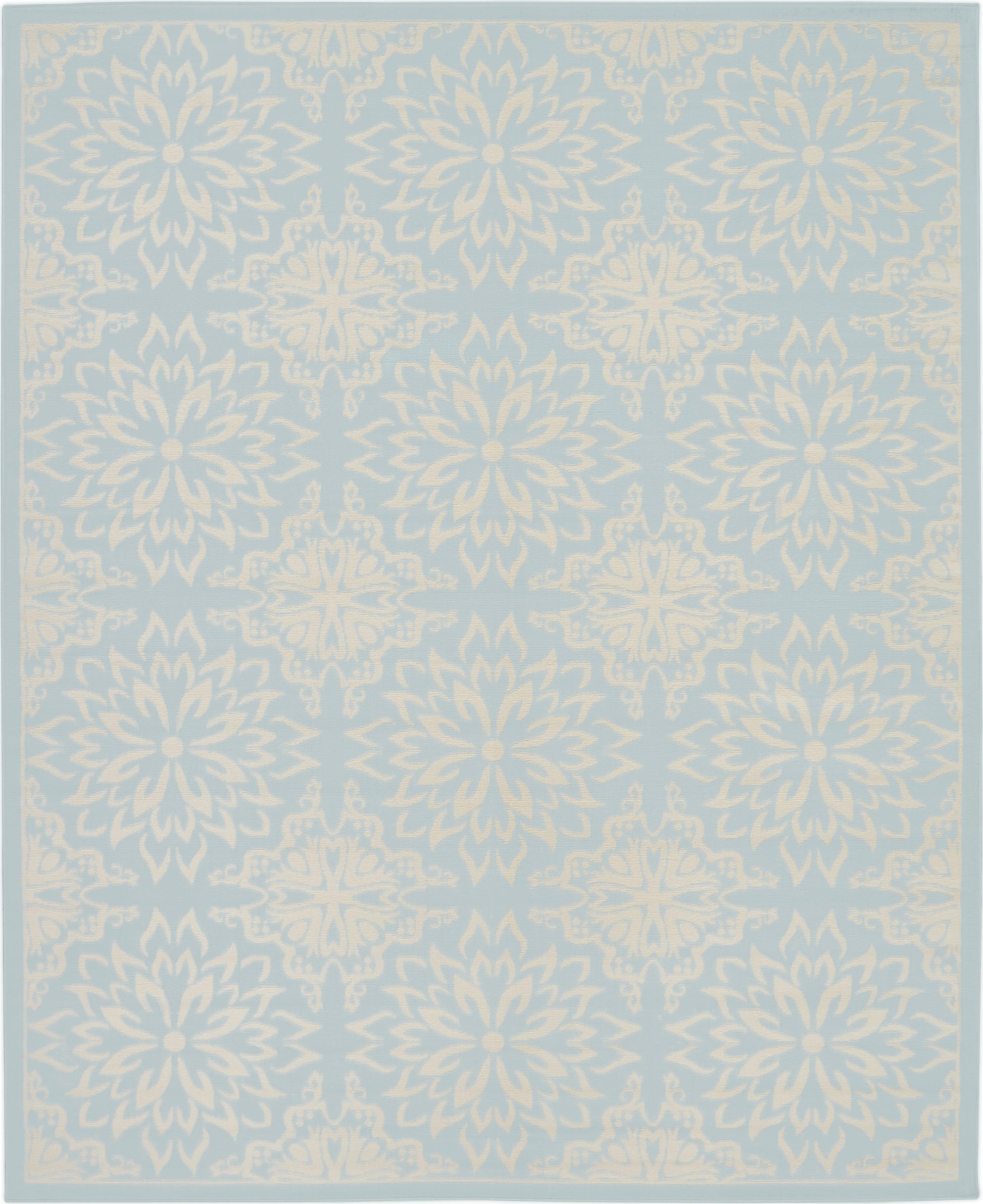 Light blue rug with ivory floral mandala motifs in a repeating border pattern.
