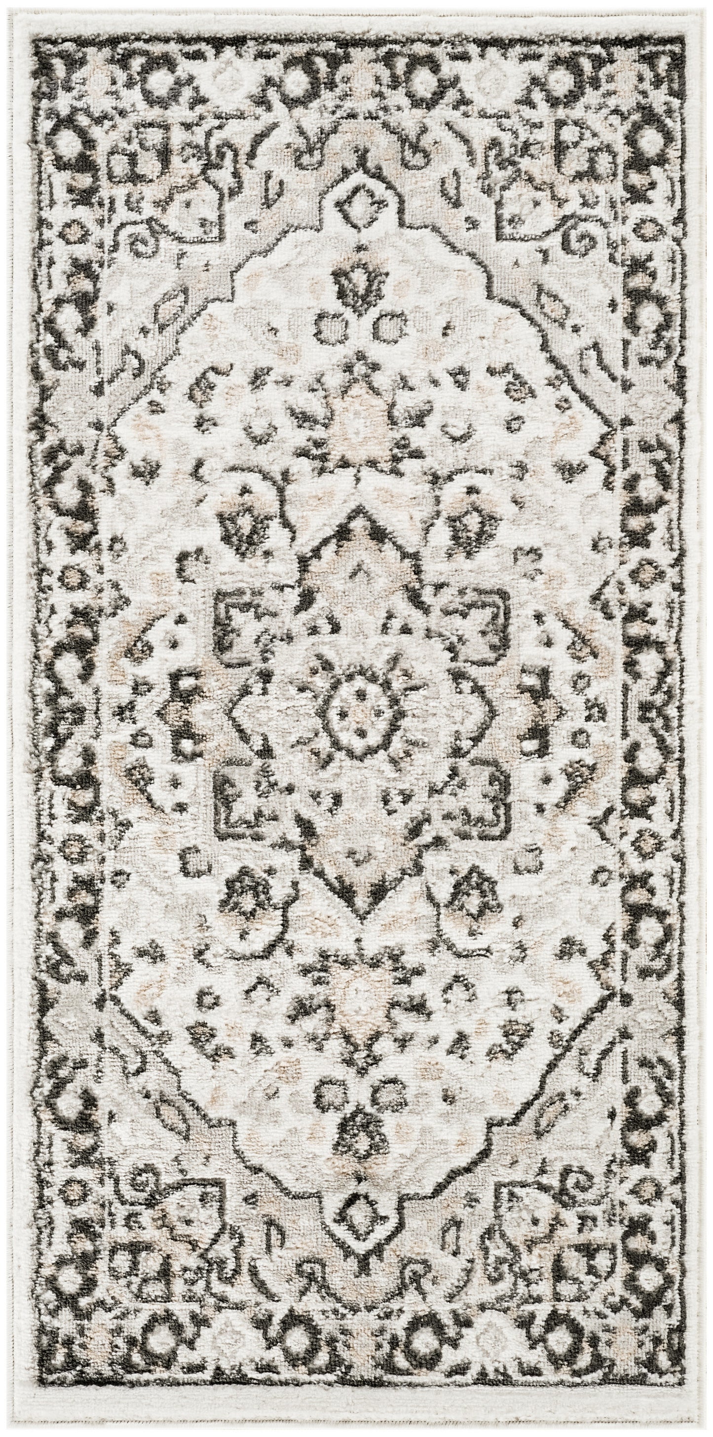 Rectangular oriental rug with ivory field, dark gray border and central medallion, floral pattern, size 2' x 4'.