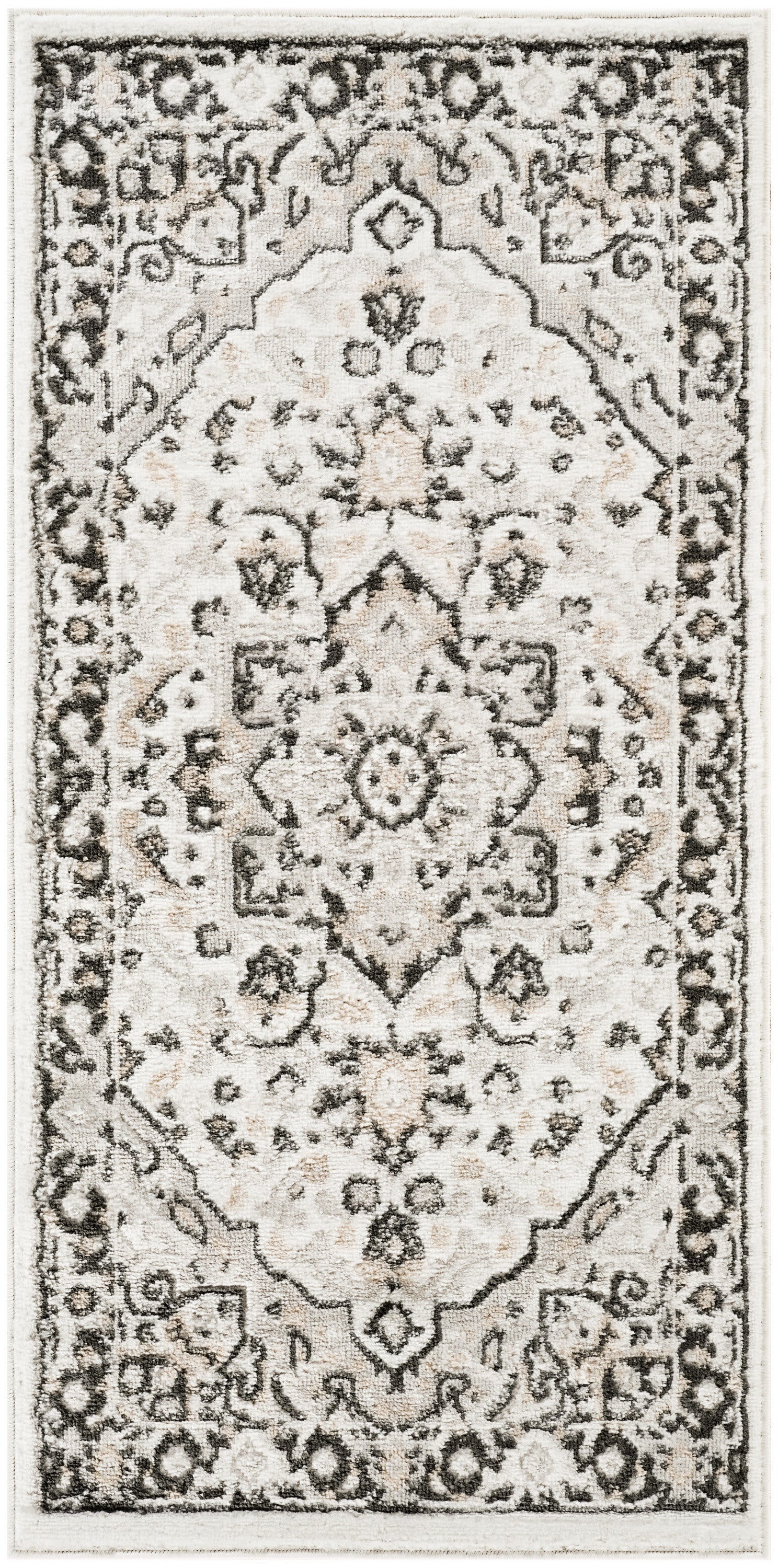 Rectangular oriental rug with ivory field, dark gray border and central medallion, floral pattern, size 2' x 4'.