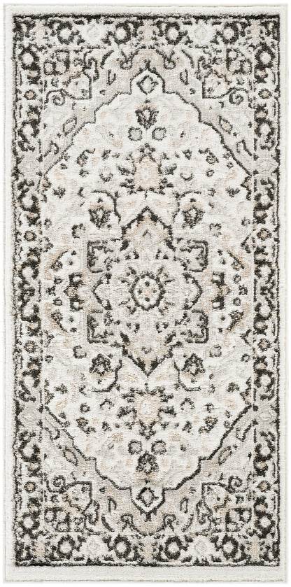 Rectangular oriental rug with ivory field, dark gray border and central medallion, floral pattern, size 2' x 4'.