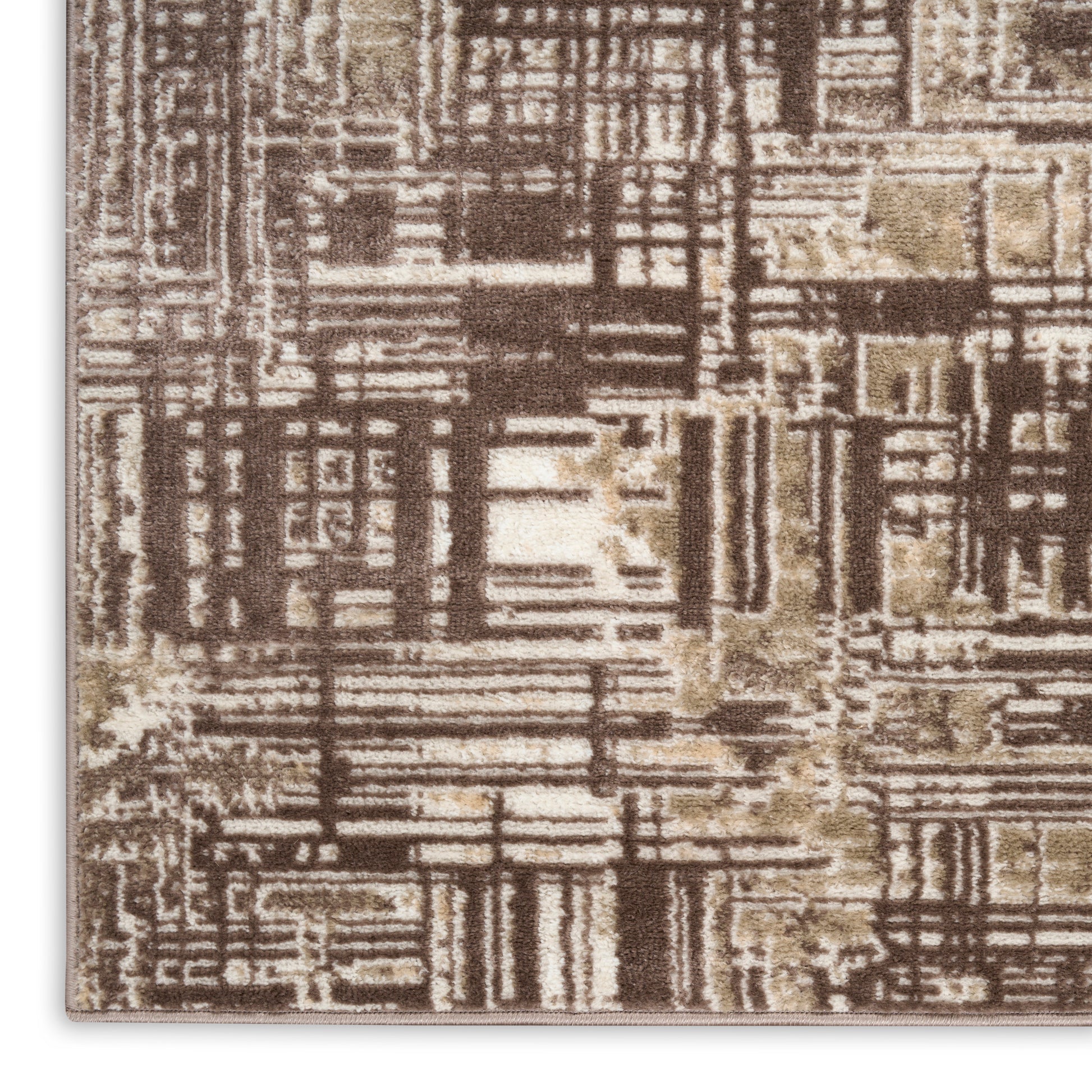 Abstract geometric area rug in beige, cream and brown with a textured, modern grid pattern.