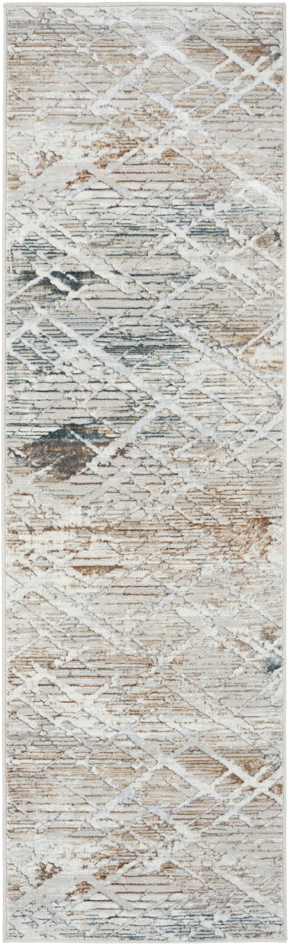 Neutral-toned rug runner with diagonal lattice pattern in ivory, beige and taupe; distressed look for hallway decor.