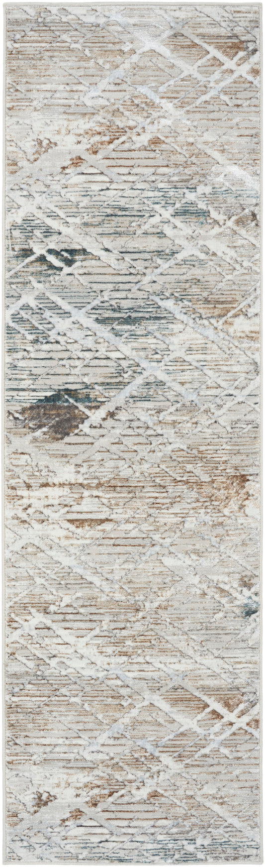 Neutral-toned rug runner with diagonal lattice pattern in ivory, beige and taupe; distressed look for hallway decor.