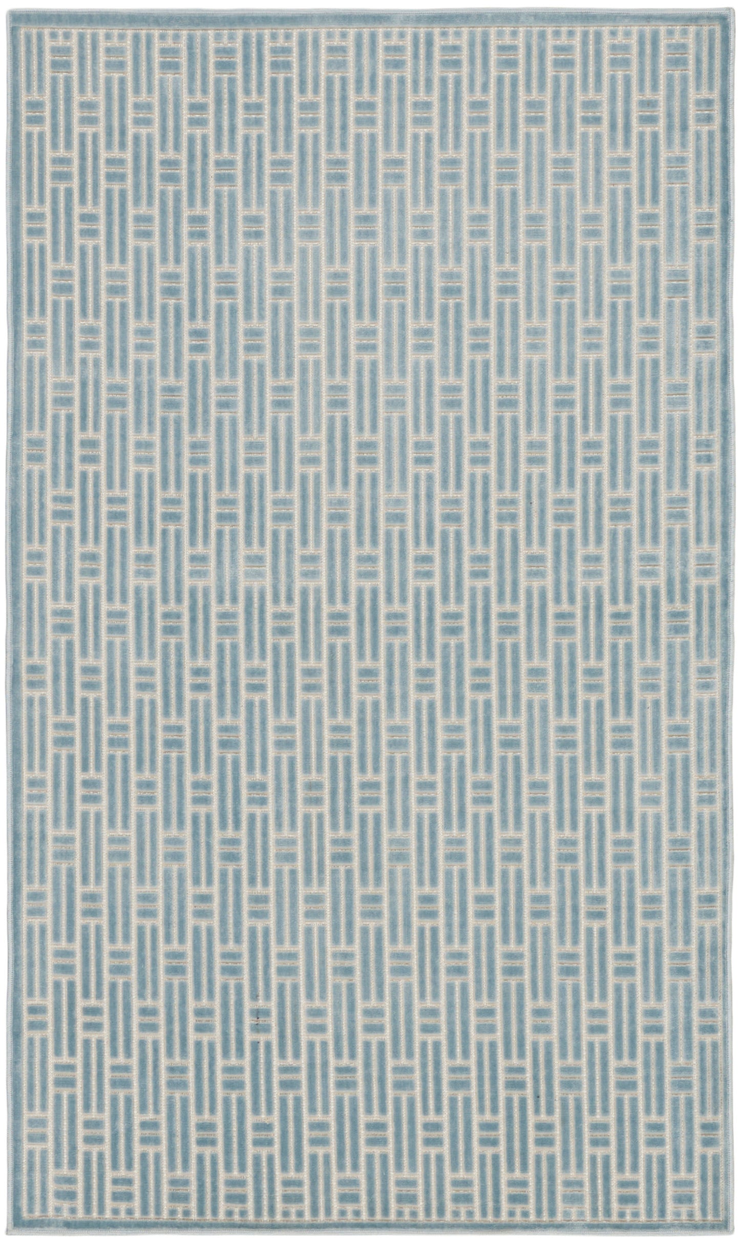 Blue woven rug featuring a white ladder-patterned geometric weave and a pale border.
