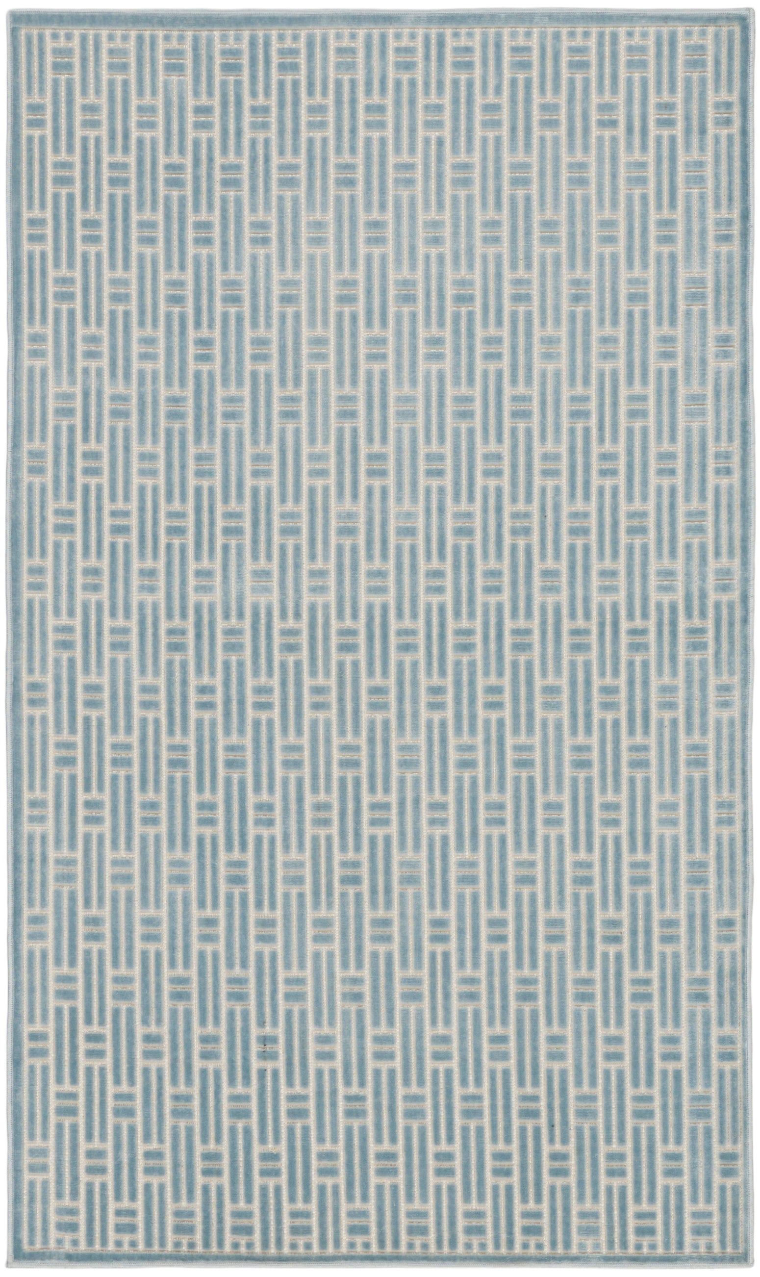 Blue woven rug featuring a white ladder-patterned geometric weave and a pale border.