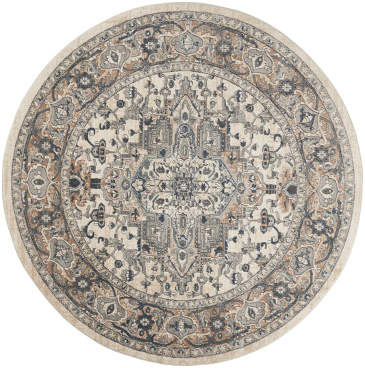 Round oriental rug with ornate central medallion in ivory, gray-blue and taupe, vintage distressed pattern.
