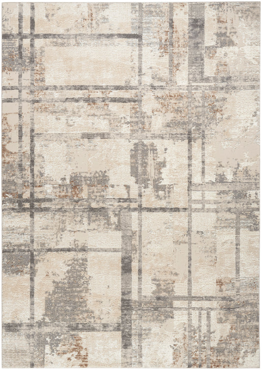 Rectangular rug in beige, cream and gray with an abstract distressed plaid pattern for modern living spaces.