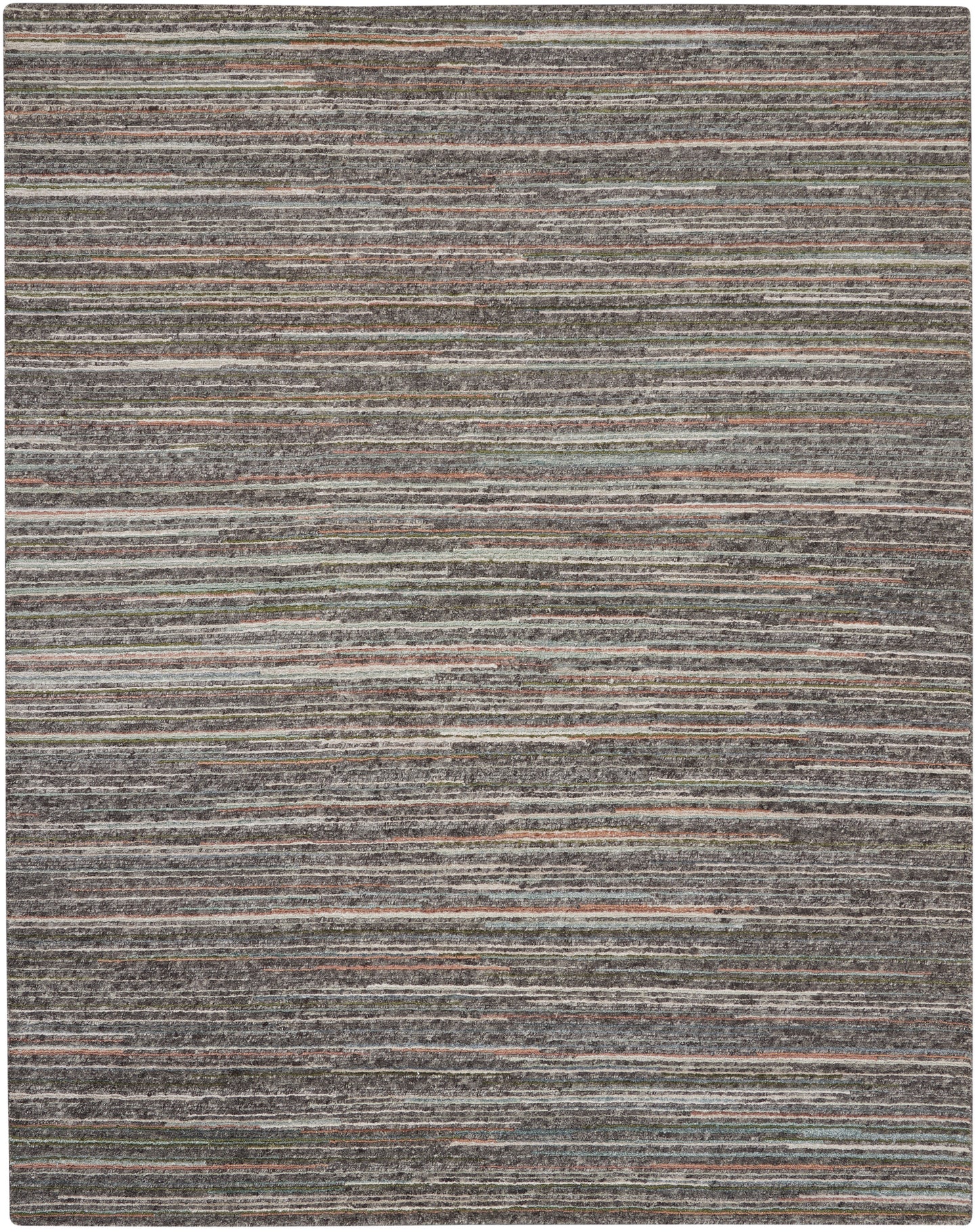 Striped flat-weave rug with horizontal bands in gray, taupe, olive and rust for a contemporary look.