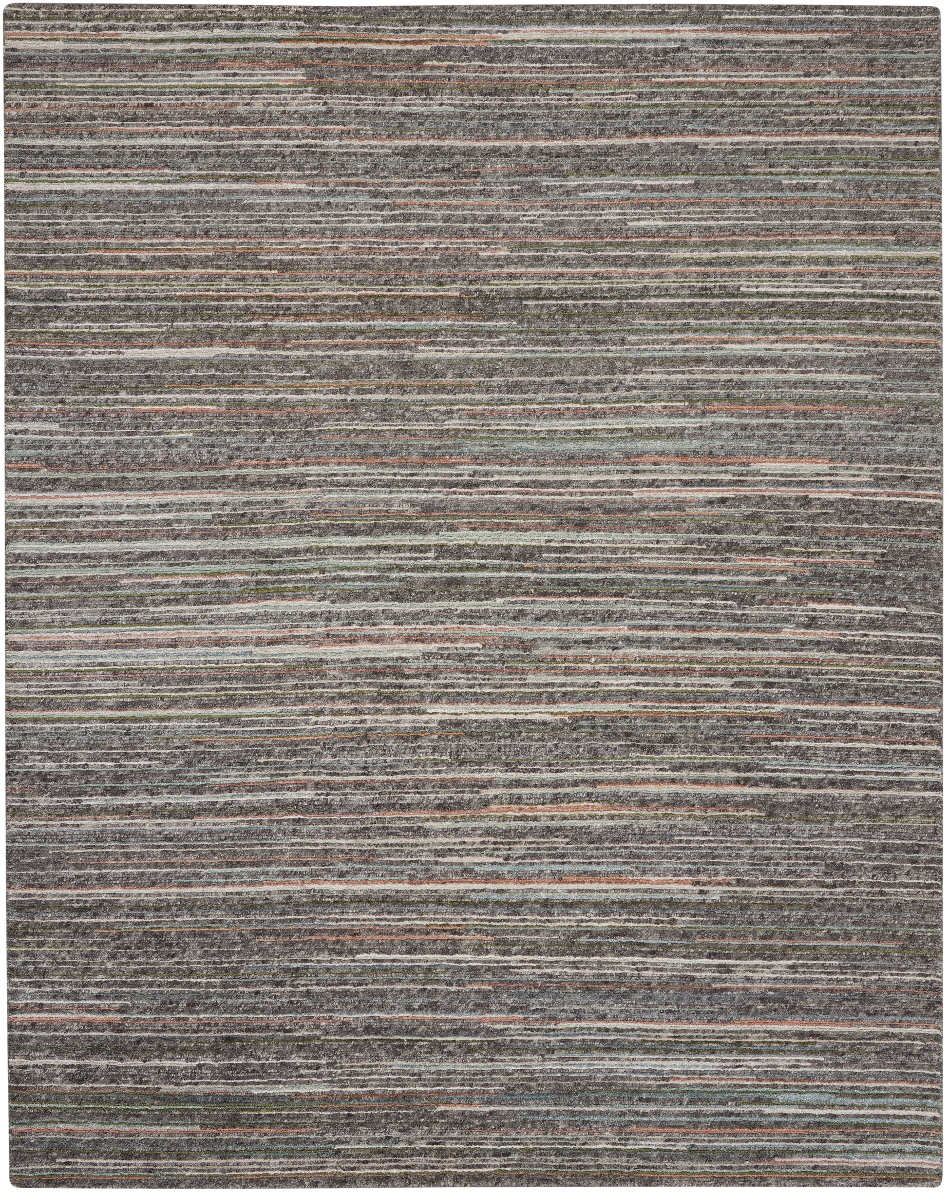 Striped flat-weave rug with horizontal bands in gray, taupe, olive and rust for a contemporary look.