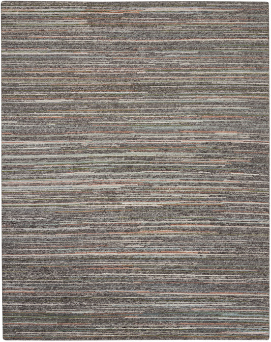 Striped flat-weave rug with horizontal bands in gray, taupe, olive and rust for a contemporary look.