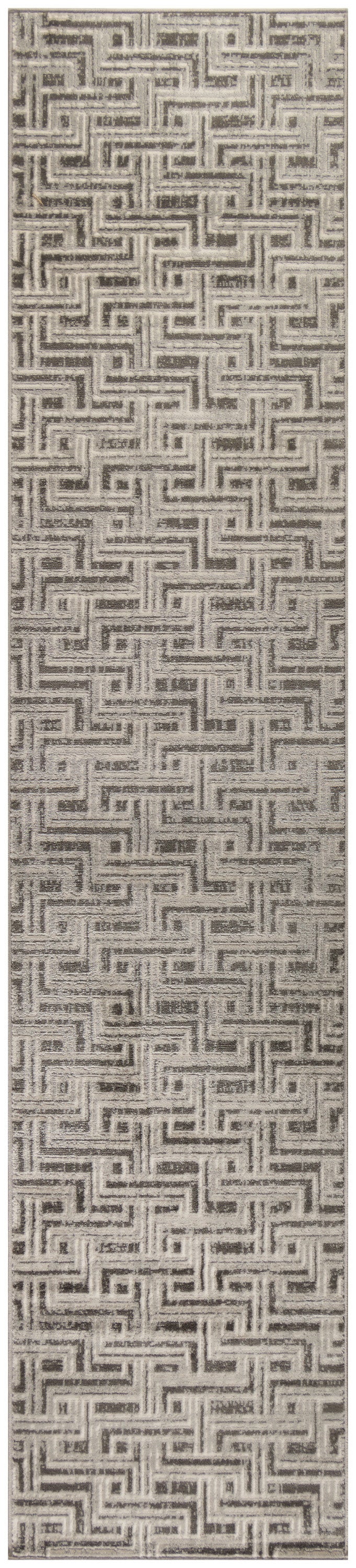 Beige rectangular runner rug with dark brown interlocking maze pattern and woven texture.