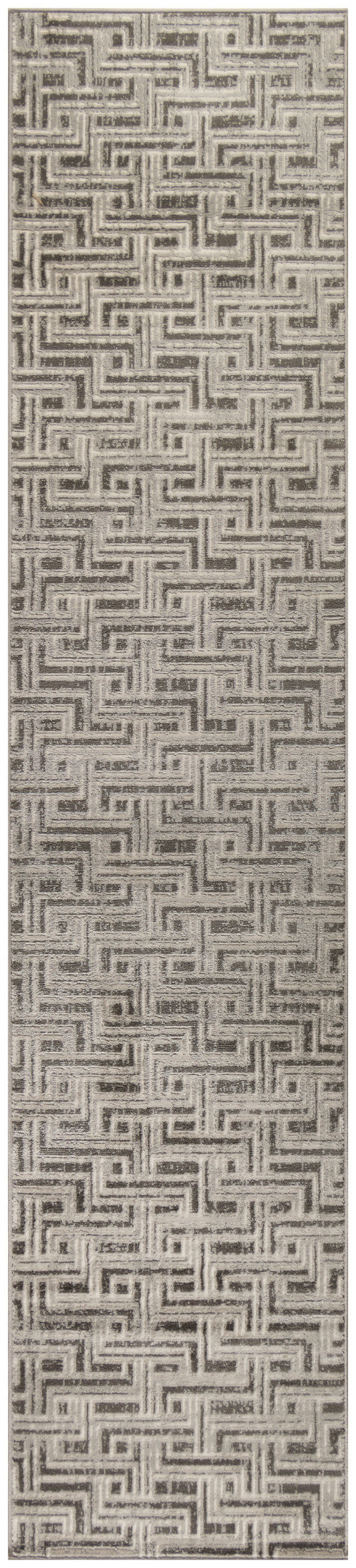 Beige rectangular runner rug with dark brown interlocking maze pattern and woven texture.