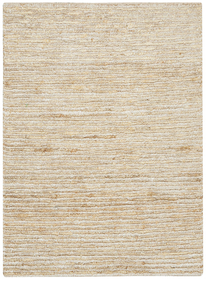 Beige textured rug with horizontal loop pile in soft tan tones; rectangular, cozy for living room or bedroom.