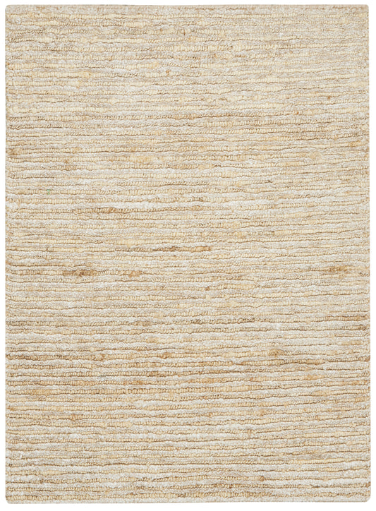 Beige textured rug with horizontal loop pile in soft tan tones; rectangular, cozy for living room or bedroom.