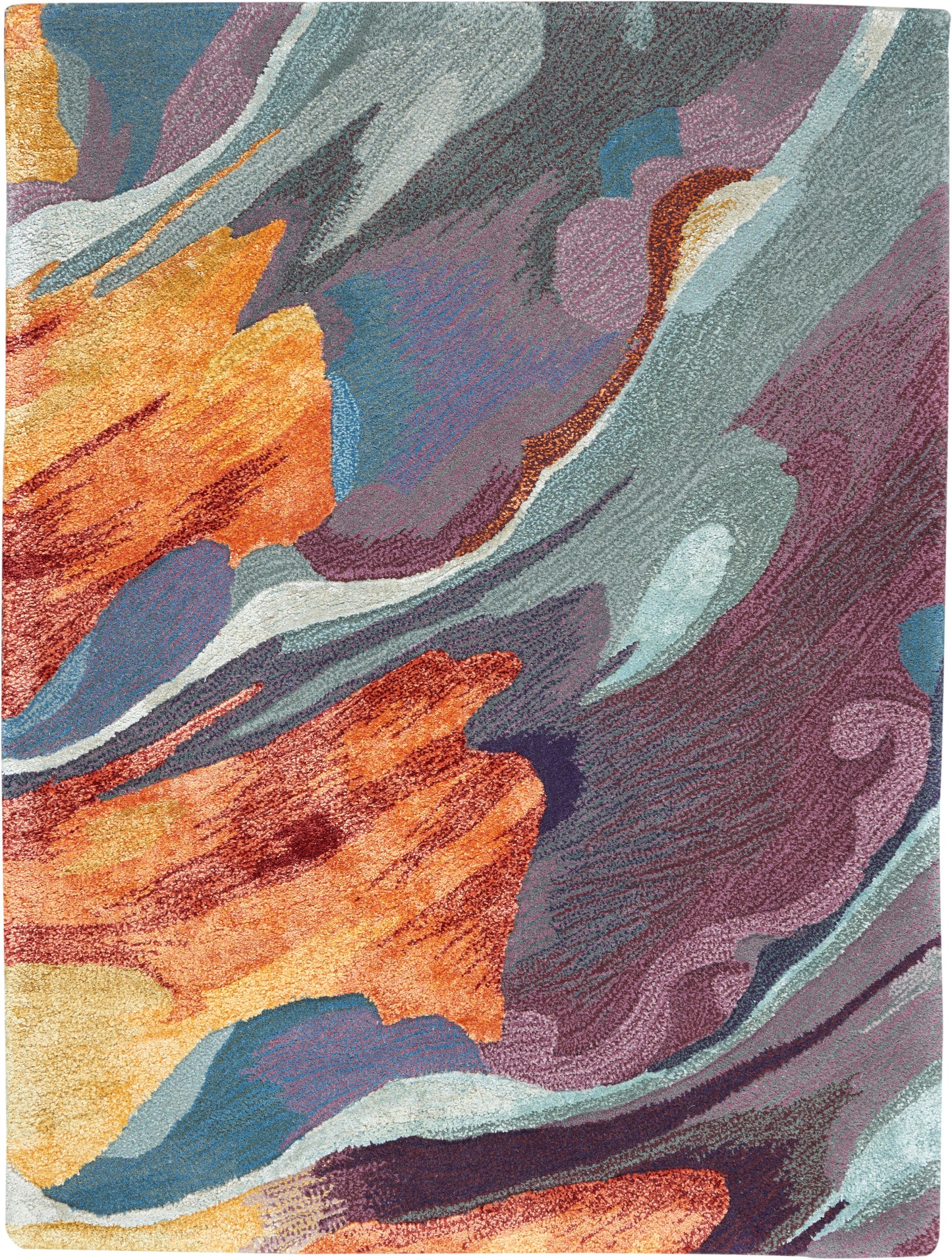 Abstract multicolor rug with orange, teal, blue, purple and gray swirls; textured tufted pile.