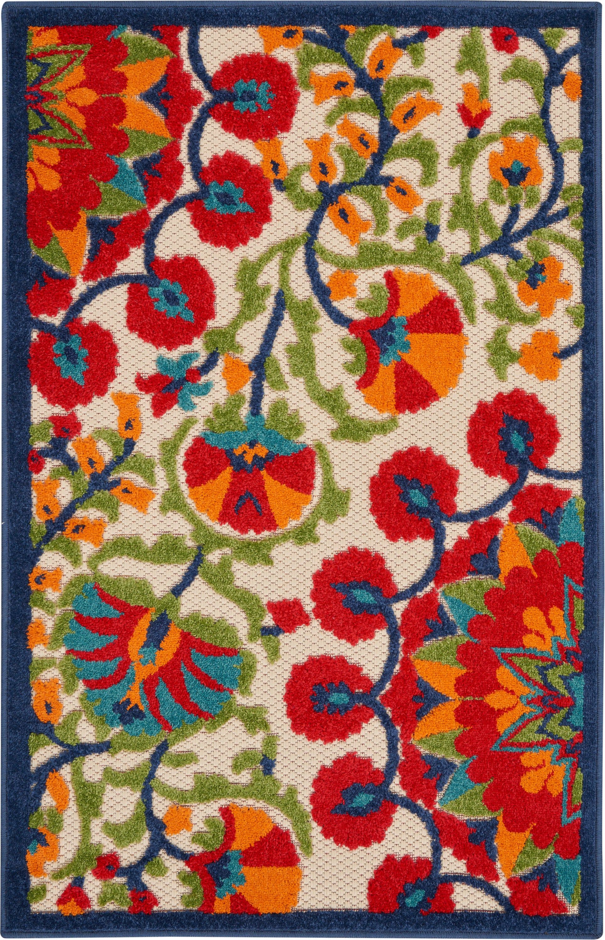 Rectangular, vibrant floral rug with cream background, red/orange flowers, blue vines, green leaves, navy border.