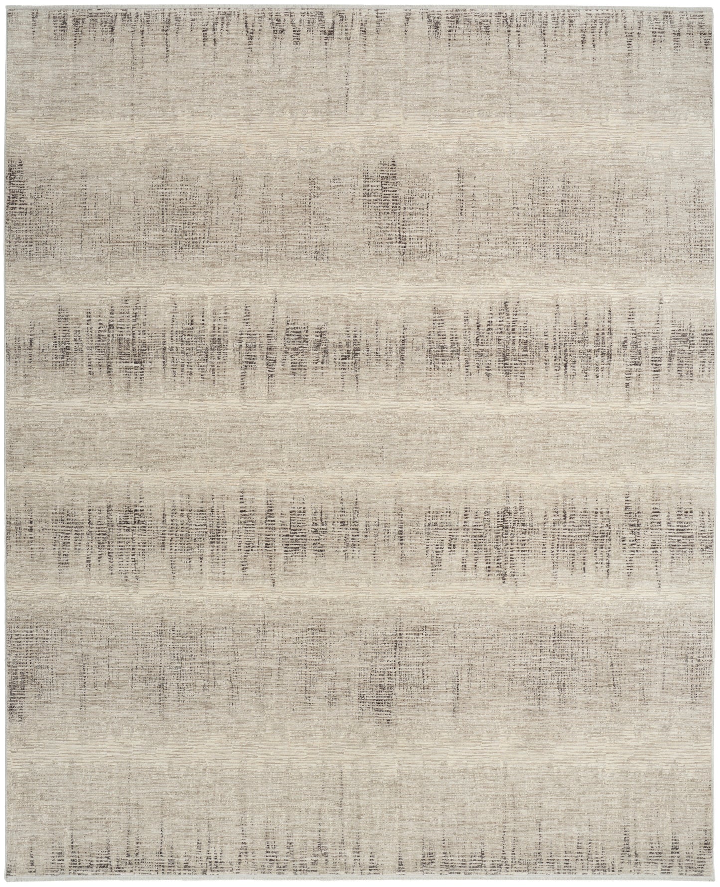 Beige & ivory abstract area rug with distressed horizontal banding and soft textured look.
